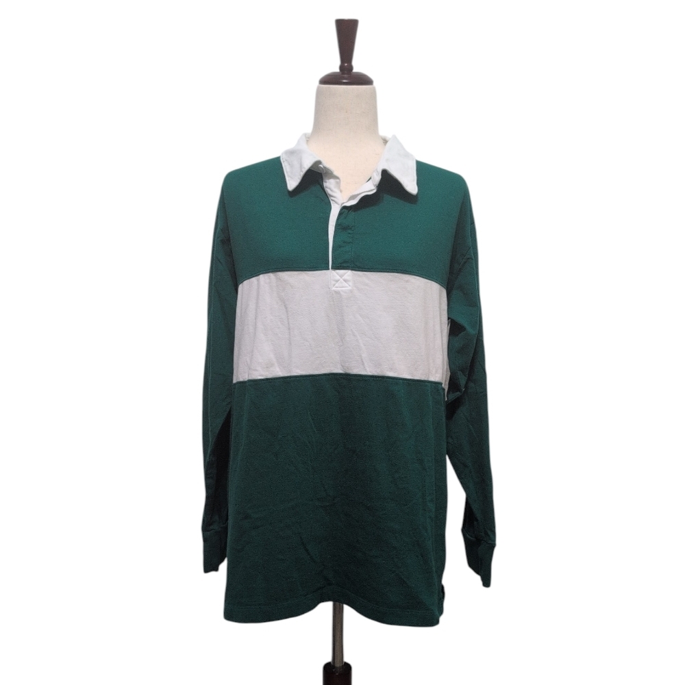 Victoria's Secret PINK Rugby Shirt Green White‎ Colorblock Long Sleeve Medium